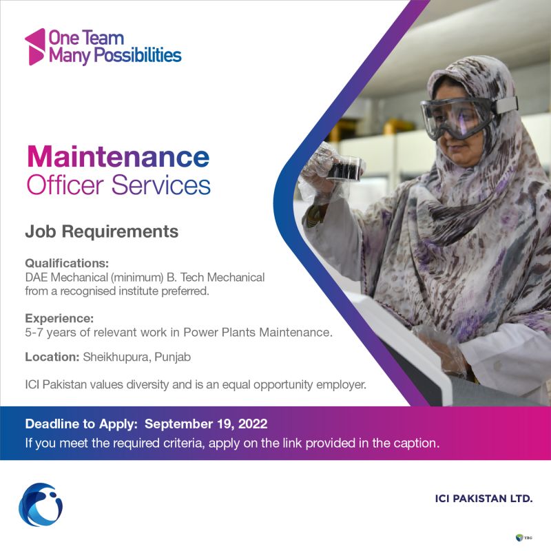 ICI Pakistan Limited Jobs Maintenance Officer – Services