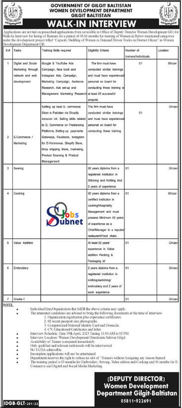 Interviews for Trainee at Women Development Department Jobs 2023