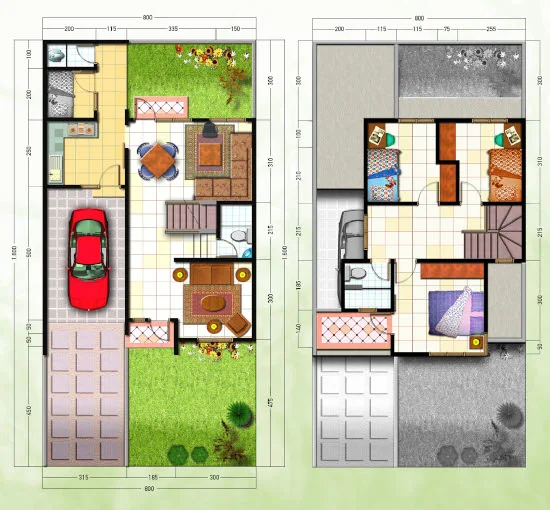 Denah rumah minimalis ukuran 8x16 meter 4 kamar tidur 2 lantai