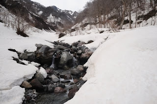 click to enlagge 本谷の水流と天狗ヶ峰方面を見上げる