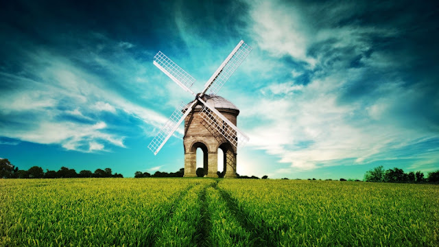 Fantasy Landscape Windmill Fields Blue Sky HD Wallpaper