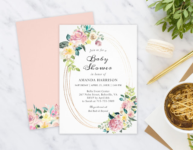  Modern Oval Frame Pastel Blush Floral Baby Shower Invitation