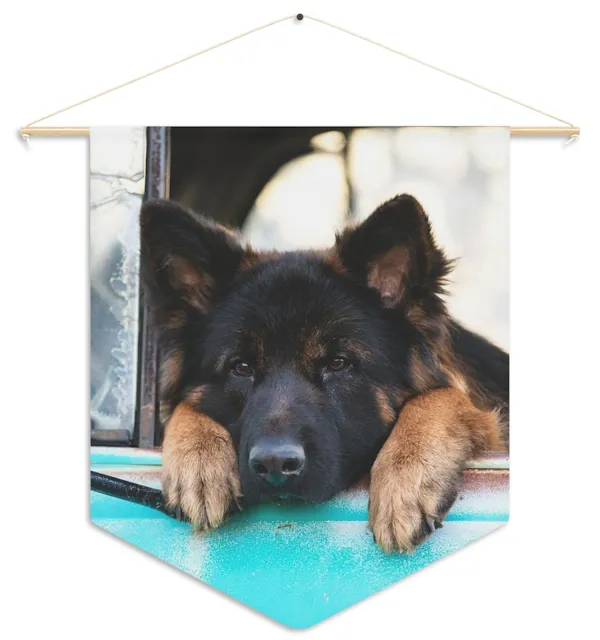 Pennant With Cute Black and Red German Shepherd Puppy Looking Outside From Car Window