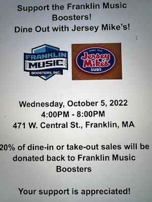 Take out or eat in to help the FHS Music Booster fund raiser with Jersey Mike's on Wednesday