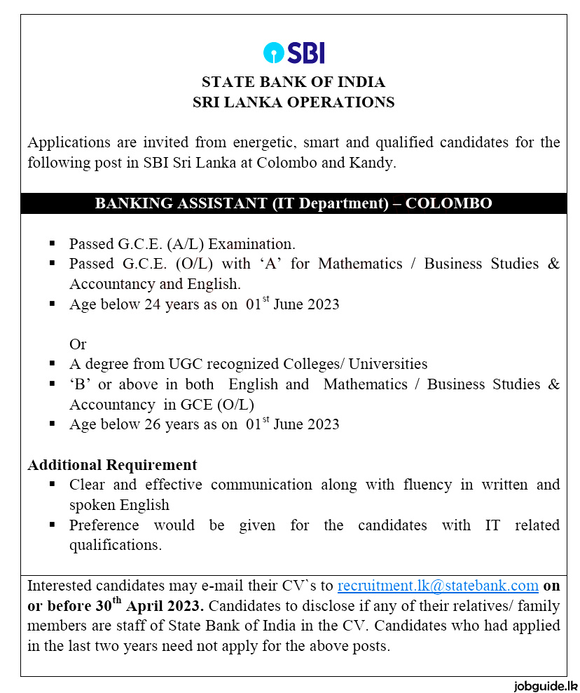 State Bank Of India Sri Lanka Careers 2023