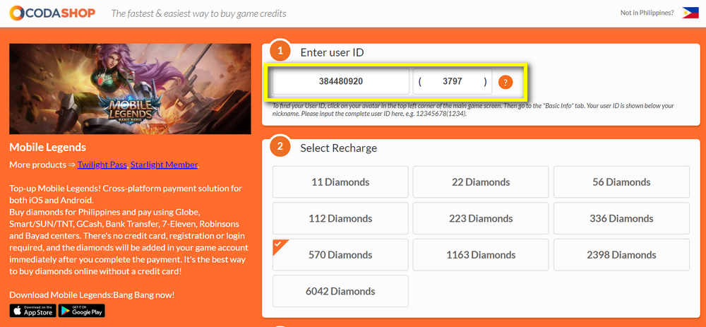 Codashop Philippines, Codashop Diamonds Mobile Legends