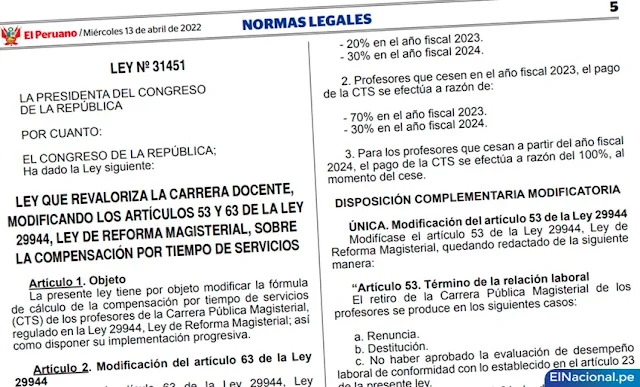 Ley pago CTS docentes diario el peruano