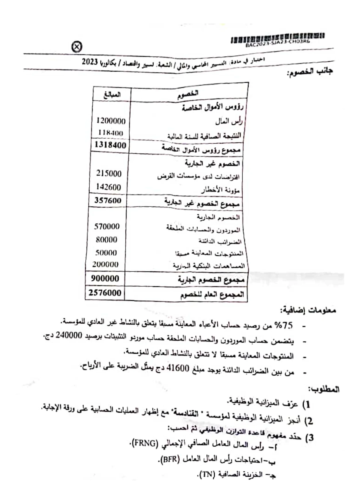 موضوع التسيير المحاسبي بكالوريا 2023 شعبة تسيير واقتصاد