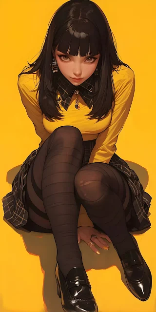 4K Anime Girl Wallpaper – Stylish Black-Haired Girl in Yellow Aesthetic