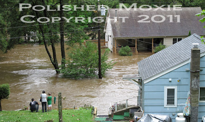 Picture of family watching the river surround the houses