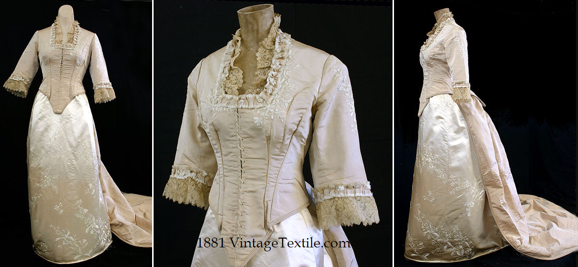 Handembroidered bustle wedding dress c1881