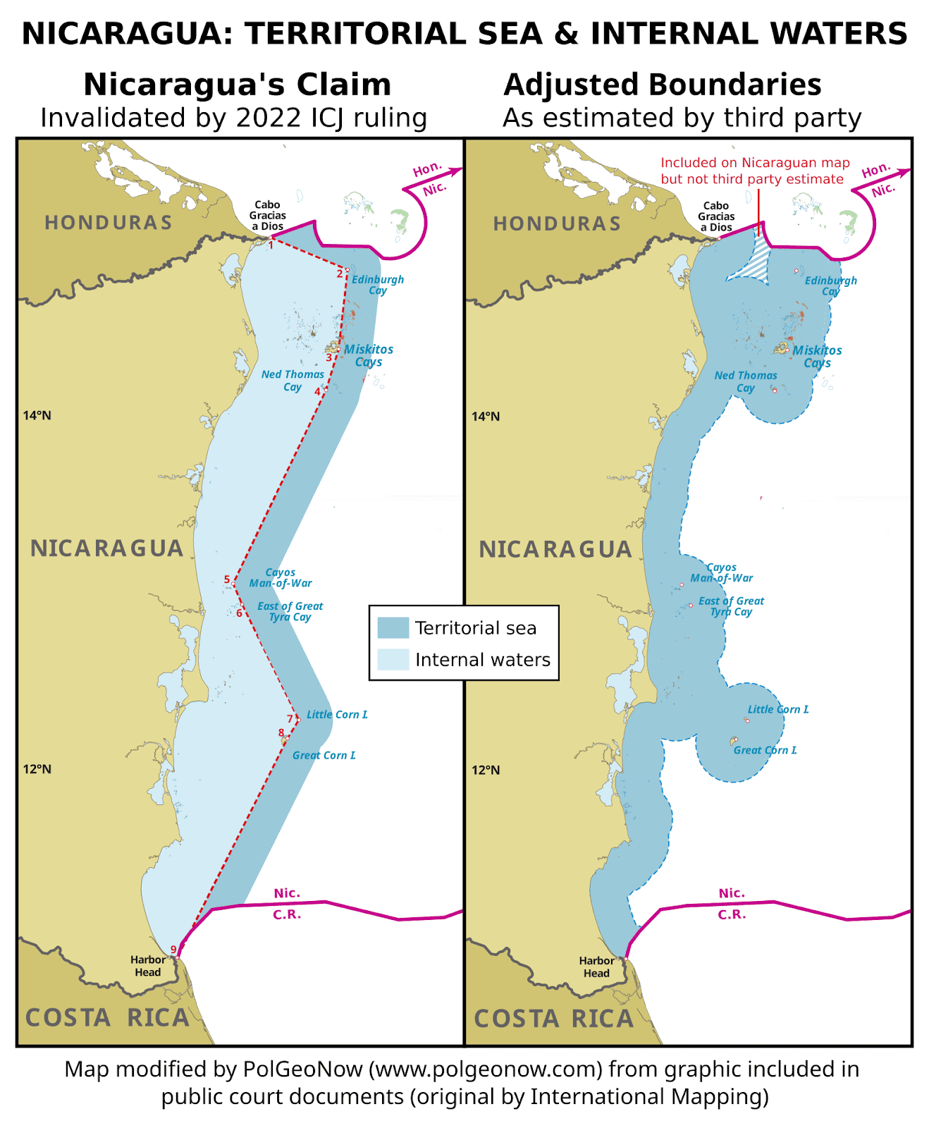 Side-by-side maps showing Nicaragua's territorial sea and internal waters in the Caribbean Sea according to its pre-2022 straight baseline claim vs. according to normal baselines as validated by the International Court of Justice (ICJ) in its April 2022 ruling in the case against Colombia. The former map shows a large, angular block of internal waters enclosing the country's entire Caribbean coastline and extending out to the outermost islets, fringed by a narrower strip of territorial sea extending beyond the outermost islets. The latter map, by contrast, shows the narrower strip of territorial sea closely hugging the country's coastline, also fully surrounding each island and islet by not connecting the dots between them, while internal waters are limited to rivers, lakes, and enclosed lagoons. Colorblind accessible.