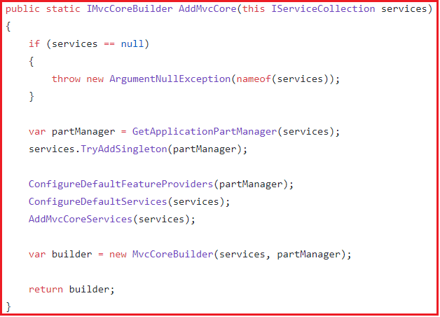 source code of AddMvcCore() method