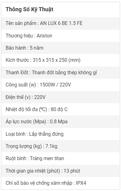 Bình Nóng Lạnh Ariston 6 Lít LUX 6(BE)