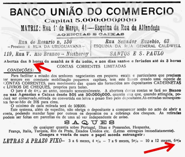 Banco União do Comércio - propaganda de 1908 - Santos e São Paulo.