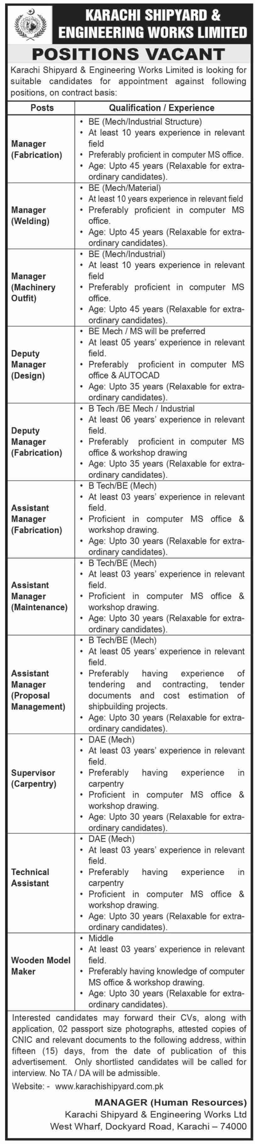 Karachi Shipyard & Engineering Works Limited Jobs 2020 For Managers & Technical Assistant