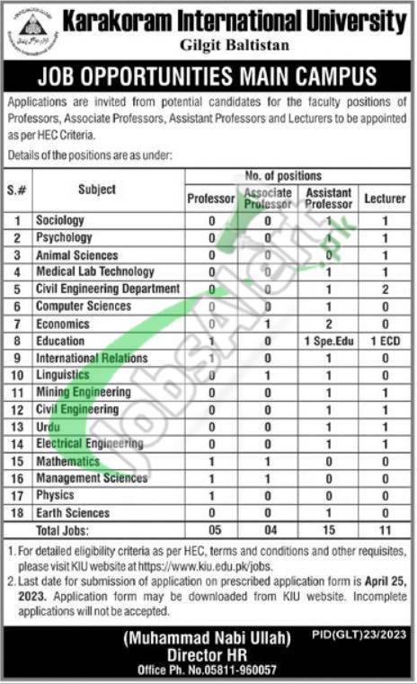 Karakoram International University Gilgit Jobs 2023 Online Application Form