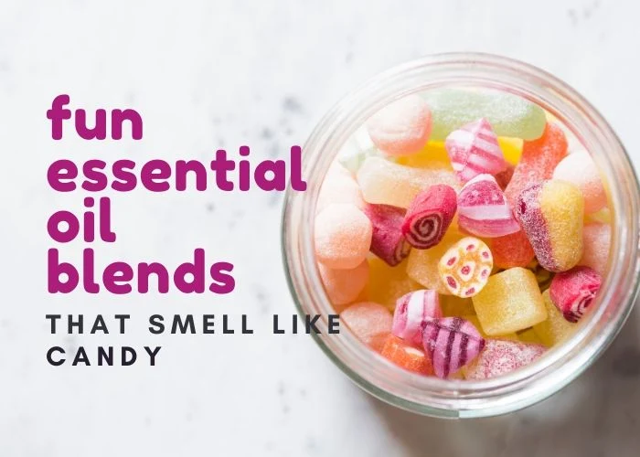 Fun essential oil blends that smell like candy and like food.  Use these unique and fun blends for diffuser or for roller blends.  These fun blends use common essential oils like sweet orange, cinnamon, peppermint, and frankincense and make recipes that smell amazing.  Use the blends for roller recipes, diffuser recipes, natural perfume, soap, candles, or DIY bath and body that smell good. #essentialoils