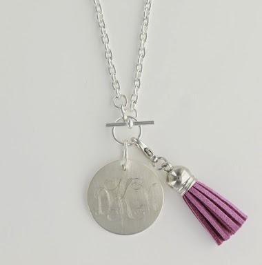 Silver Tone Monogrammed Pendant Necklace with Lavender Tassel Charm