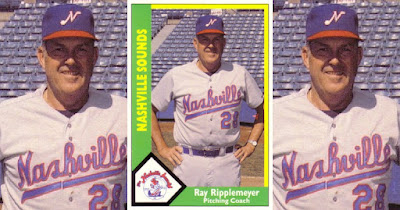 Ray Rippelmeyer 1990 Nashville Sounds card, Ripplemeyer posed standing, hands on hips