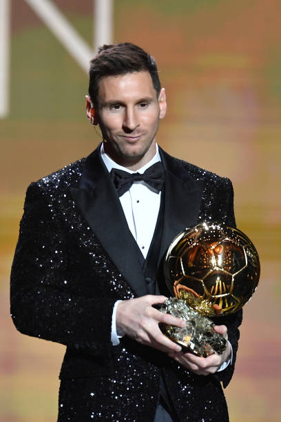 Lionel Messi is awarded with his seventh Ballon D'Or award during the Ballon D'Or Ceremony at Theatre du Chatelet on November 29, 2021 in Paris, France