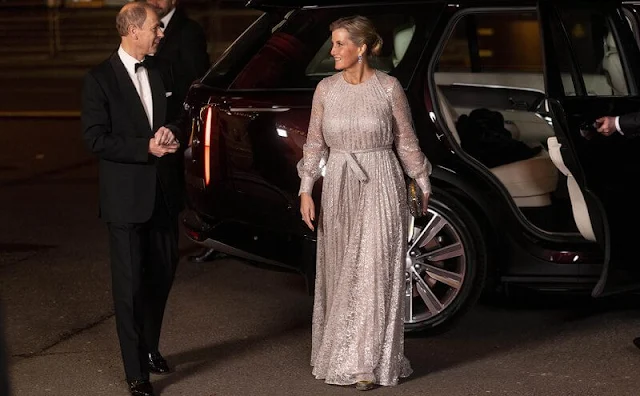 Countess of Wessex wore a new Lindsay pleated lace gown by Erdem. Diamond earrings and crystal clutch bag