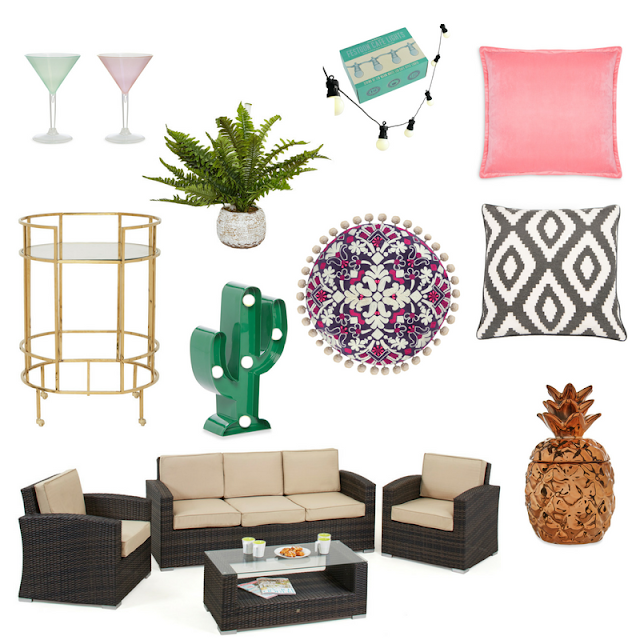 Miami South Beach inspired garden outdoor makeover creating a summer dining area on a budget and using items from the high street. Featuring colourful homeware and interiors, and an IKEA hack turning a Sunnersta trolley into a glamorous drinks trolley bar cart.