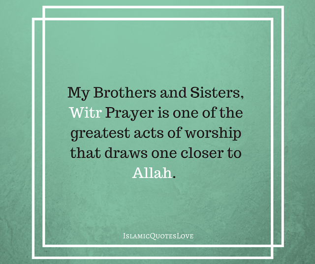 My respectable brothers and sisters in Islam, Ishaa prayer is fast approaching, so let get ourselves prepare with joy, cleanliness and humility to prostrate ourselves for Almighty Allah.  In Islam, after performing the obligatory deeds, one of the best ways of drawing closer to Allah is by performing voluntary good deeds. So therefore (after) performing Ishaa prayer, one can perform 2 sunnah rakats, and (before) Ishaa (there is no) Sunnah Prayer to be performed for Ishaa.   My Brothers and Sisters, Witr Prayer is one of the greatest acts of worship that draws one closer to Allah.   It can be performed by praying 1 rakat only, 3 rakats continuously (with one Tashahud and Salam on the last Rakat) or 2 rakats and after Salam you pray 1 rakat on it own and say Salam.   Witr prayer is a confirmed sunnah (Sunnah Mu'akkadah) which the Muslim should observe regularly and not neglect. Imam Ahmad (May Allah have mercy on him) said: "whoever neglects Witr is a bad man whose testimony should not be accepted. This indicates that Witr prayer is something that is confirmed  May Allah help us to perform our Salaah well. 