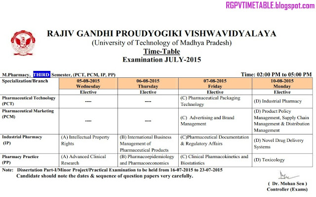 RGPV M.Pharma 3rd Sem Exam Time Table 