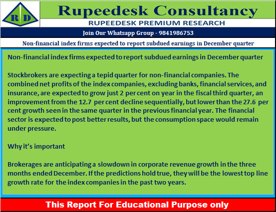 Non-financial index firms expected to report subdued earnings in December quarter - Rupeedesk Reports - 09.01.2023