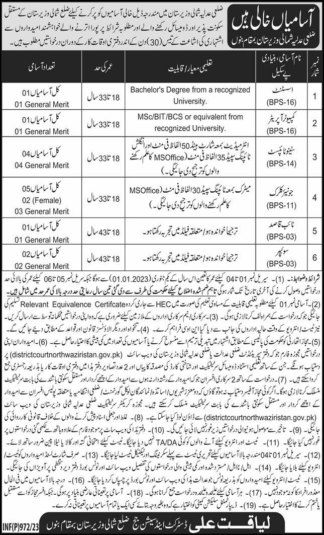 District and Session Courts North Waziristan Jobs 2023