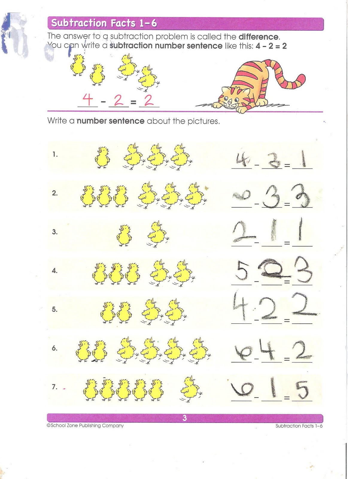 cardo school subtraction math worksheet completed