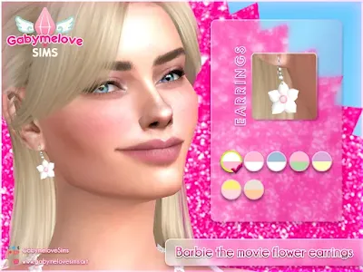 Sims 4 CC | Accessory: Barbie the movie flower earrings for women | Gabymelove Sims | Custom content, contenido personalizado, mod, mods, accesorio, accesories, accesorios, jewerly, aretes, zarcillos, collar, collares, necklace, doll, film, la película, flor, flores, mujer, mujeres, young, joven, adult, adulto, woman, teen, adolescente, margot robbie, set, outfit,
