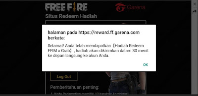 "Selamat! Anda telah mendapatkan [Hadiah Redeem x Grab], hadiah akan dikirim dalam 30 menit ke depan langsung ke akun Anda"