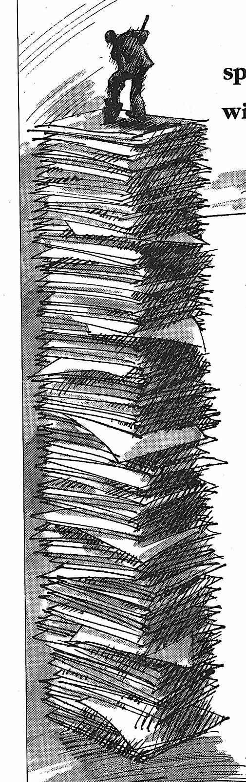 a 1986 illustration about office workload, a giant stack of paper