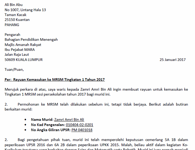 Format Contoh Surat Rayuan Kemasukan Ke Mrsm