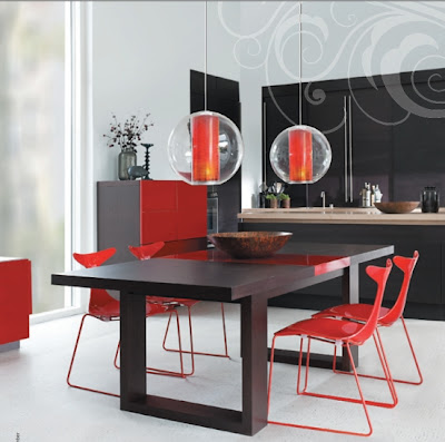 Kitchen Painted Decoration Accent Red Stools And Chandelier