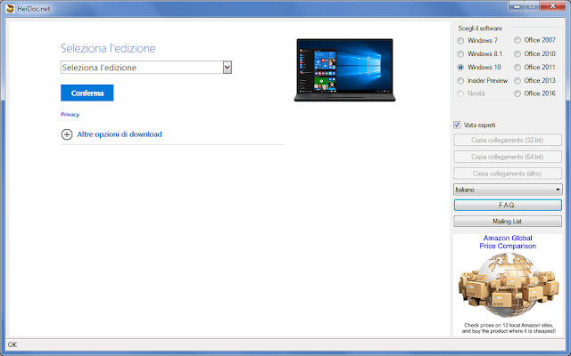 Windows/Office ISO Downloader, software selezionato Windows 10