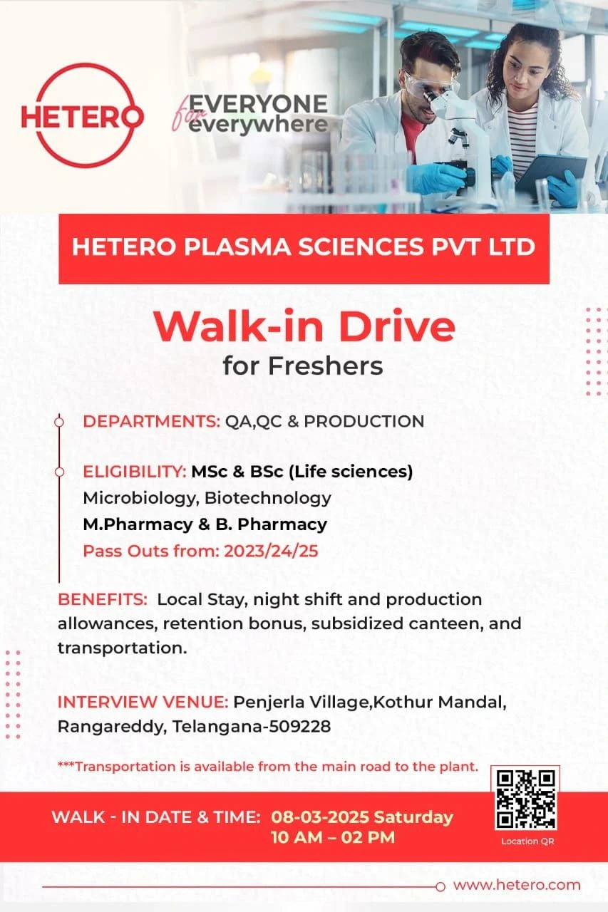 Hetero-walk in interview for B.Pharma , M.Pharma, B.Sc, M.SC Fresher candidates for QA, QC, PRODUCTION Department on 8th March 2025.