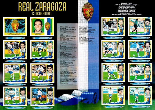 REAL ZARAGOZA C. D. Temporada 1995-96. Escudo. Víctor Fernández (entrenador), Cedrún, Juanmi. Aguado, Belsue, Cáceres, Solana. Santi Aragón, García Sanjuan, Pardeza, Poyet. Nayim, Higuera, Dani, Morientes.