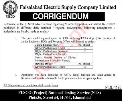 Latest Faisalabad Electric Supply Company Limited FESCO Management Posts Islamabad 2022