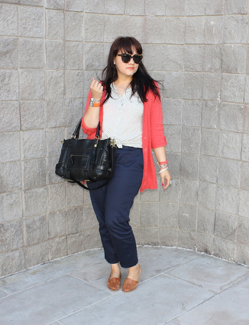 Coral Cardigan + Navy Trousers - Daily Outfit