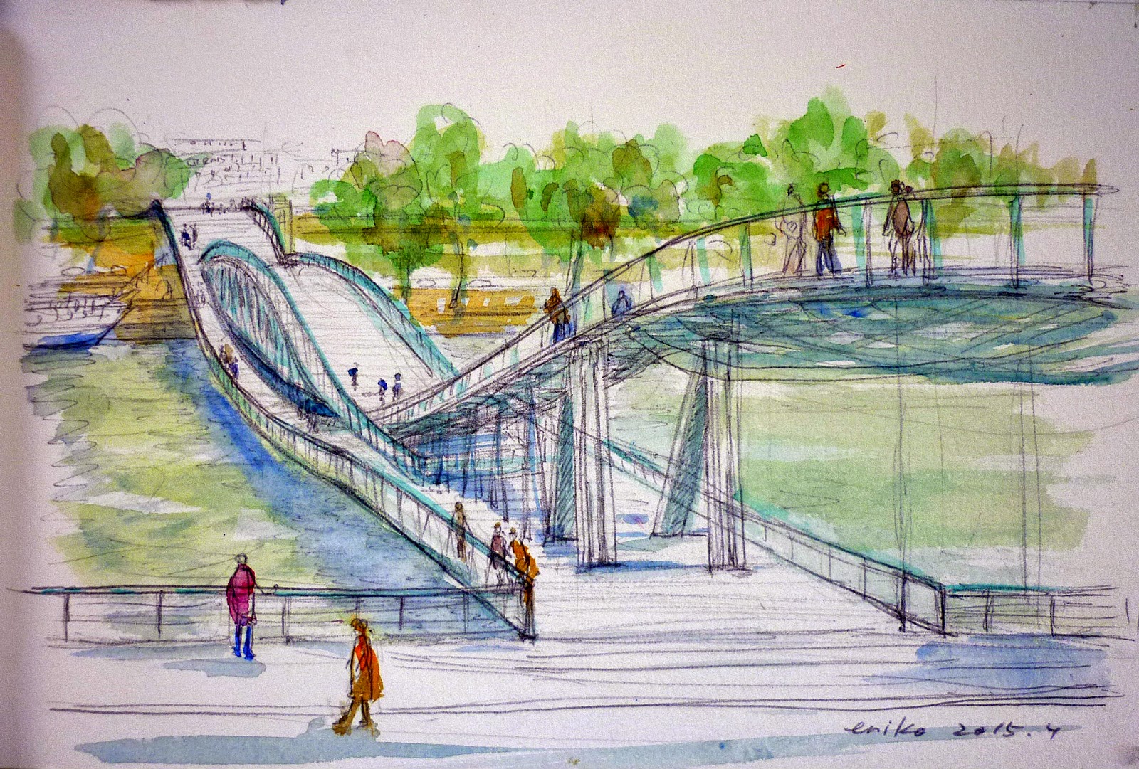 Aquarelle A Paris ﾊﾟﾘで水彩画 ｼﾓｰﾇ ﾄﾞ ﾎﾞｰｳﾞｫﾜｰﾙ橋 Le Pont De Simone De Beauvoir