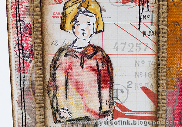 Layers of ink - Fabric Pieced Cards tutorial by Anna-Karin with Dina Wakley stamps and Tim Holtz Eclectic Elements.