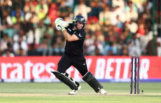 Tom Latham of New Zealand plays a shot during the ICC Champions Trophy 2025 match against Pakistan at National Stadium in Karachi, Pakistan, on February 19, 2025. Photo by Chris Hyde/ICC/Getty Images