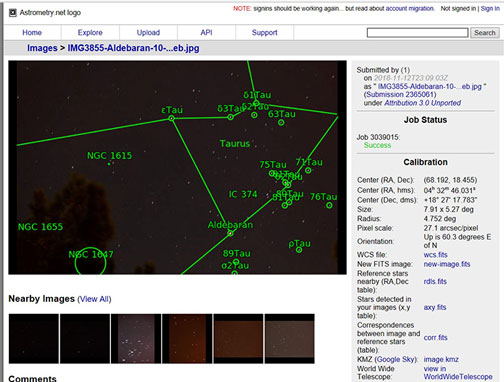 Astrometry.net screenshot showing RA and Dec for IMG3855 (Source: Palmia Observatory)