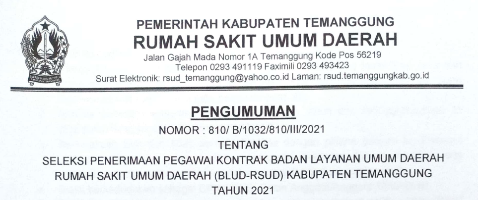 Penerimaan atau Rekrutmen Pegawai Kontrak BLUD RSUD Kabupaten Temanggung Tahun 2021