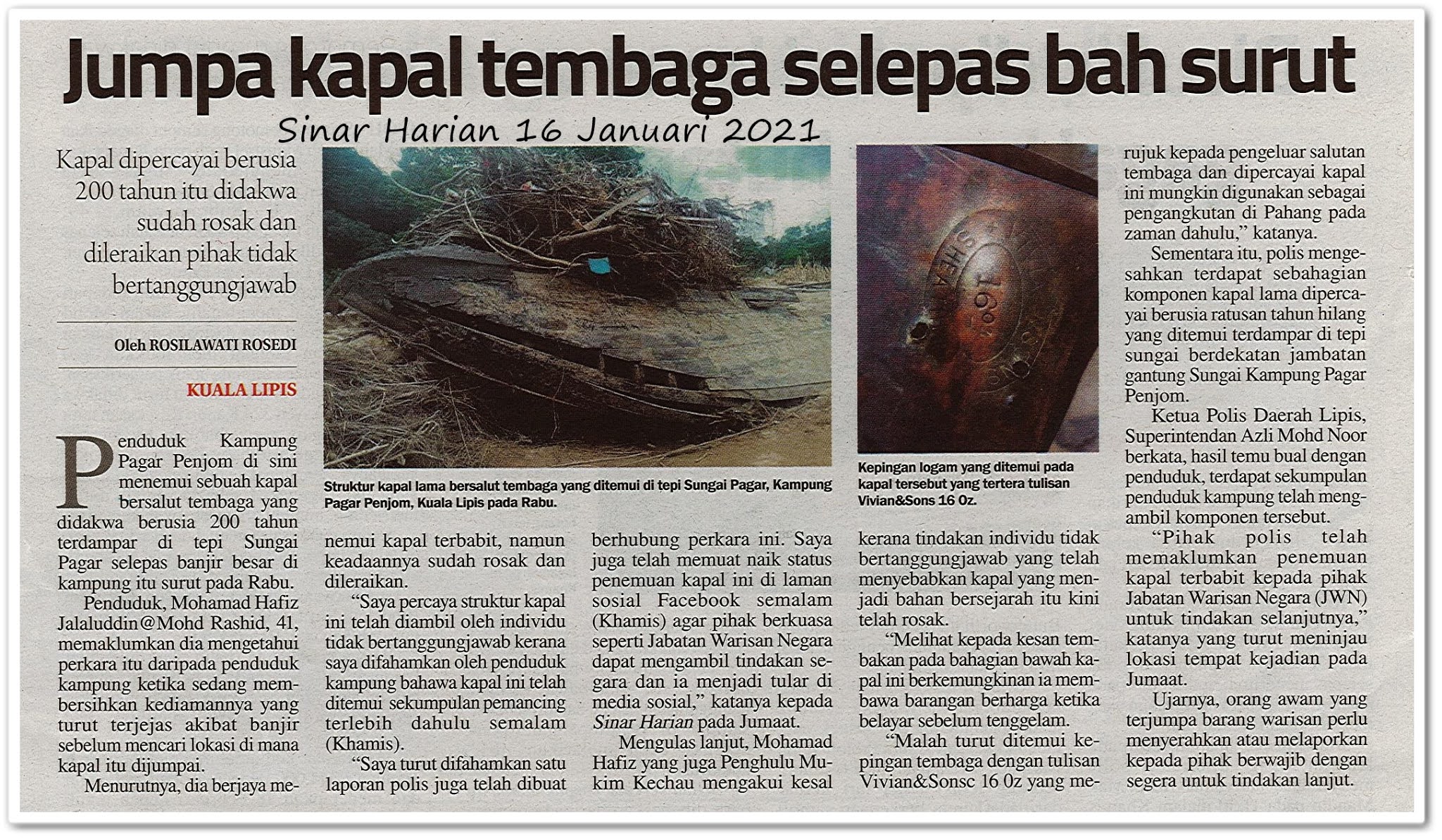 Jumpa kapal tembaga selepas bah surut - Keratan akhbar Sinar Harian 16 Januari 2021