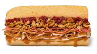 A long golden brown sub containing light and dark brown rectangular slices of meat, light brown circular pieces of stuffing, brown and red sauces on a white background 