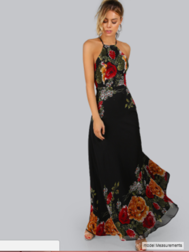  Black Flower Print Halter Neck Open Back Maxi Dress